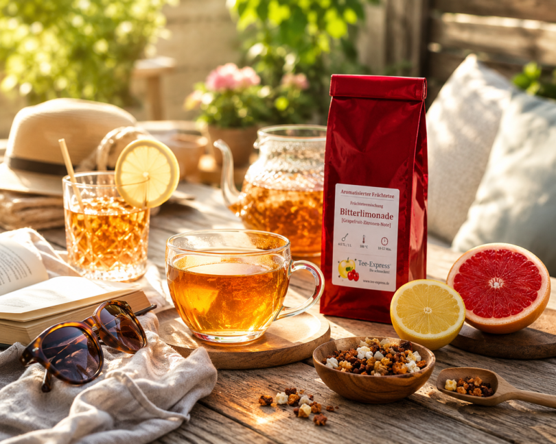Bitterlimonade 4 Bitterlimonade Früchtetee als entspannter Sommertee auf Terrasse serviert