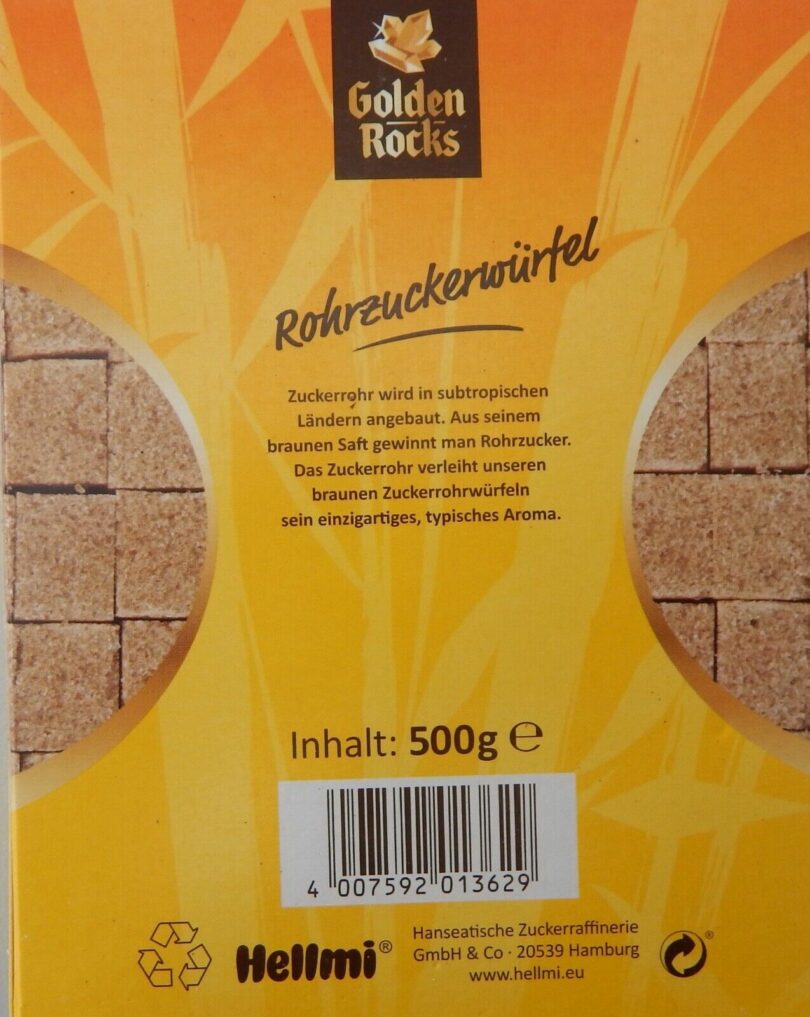 Rohrzucker-Würfel 3 Rohrzucker-Würfel Rückseite