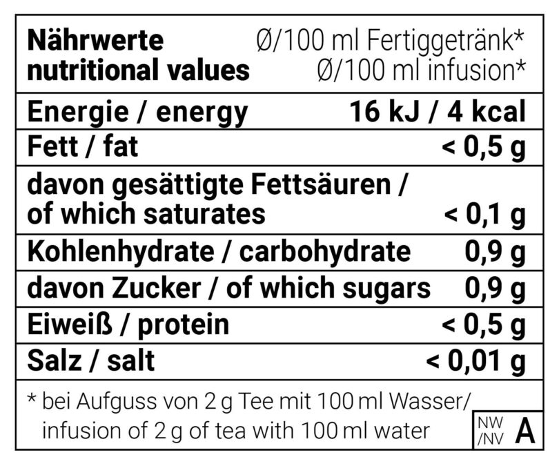 Cold Brew Mango mild natürlich 3 Nährwerttabelle von Cold Brew Mango mild pro 100 ml Fertiggetränk