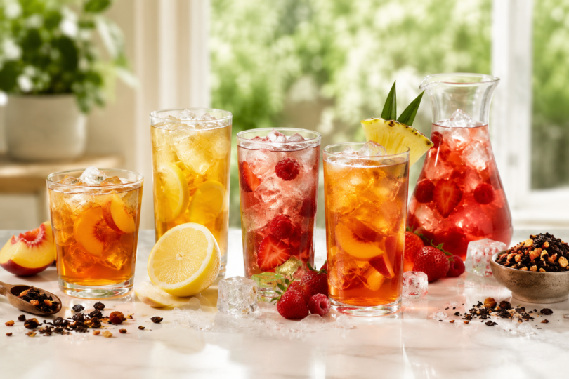 Verschiedene Cold Brew Teesorten mit Früchten und Eiswürfeln als sommerliche Erfrischung